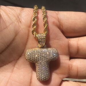 Gold plated iced out T bubble Letter pendant